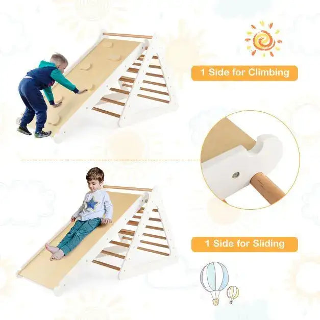 3-in-1 Wooden Climbing Set – White | Montessori Triangle Ladders with Reversible Ramp COSTWAY - Little and Giant Explorers Costway