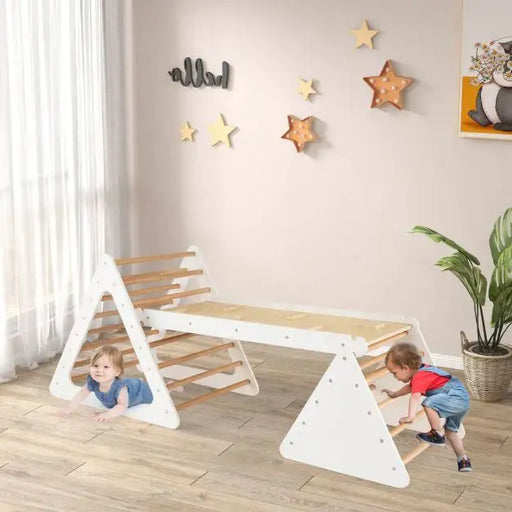 3-in-1 Wooden Climbing Set – White | Montessori Triangle Ladders with Reversible Ramp COSTWAY - Little and Giant Explorers Costway