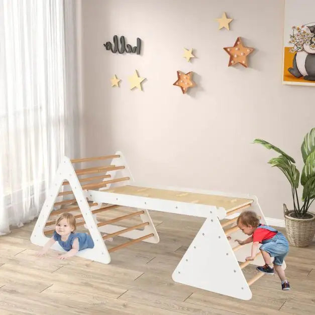 3-in-1 Wooden Climbing Set – White | Montessori Triangle Ladders with Reversible Ramp COSTWAY - Little and Giant Explorers Costway