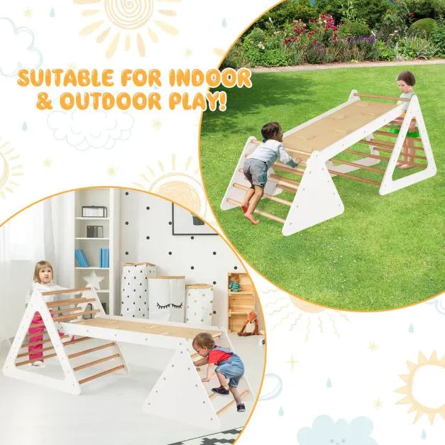 3-in-1 Wooden Climbing Set – White | Montessori Triangle Ladders with Reversible Ramp COSTWAY - Little and Giant Explorers Costway
