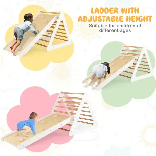 3-in-1 Wooden Climbing Set – White | Montessori Triangle Ladders with Reversible Ramp COSTWAY - Little and Giant Explorers Costway