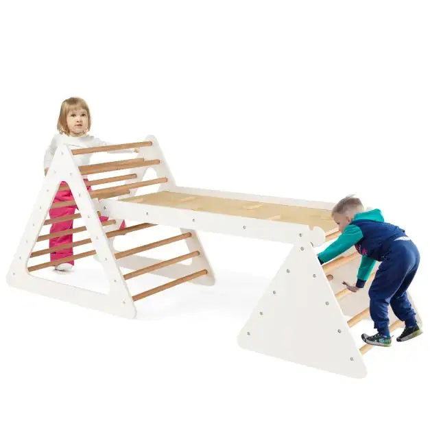 3-in-1 Wooden Climbing Set – White | Montessori Triangle Ladders with Reversible Ramp COSTWAY - Little and Giant Explorers Costway