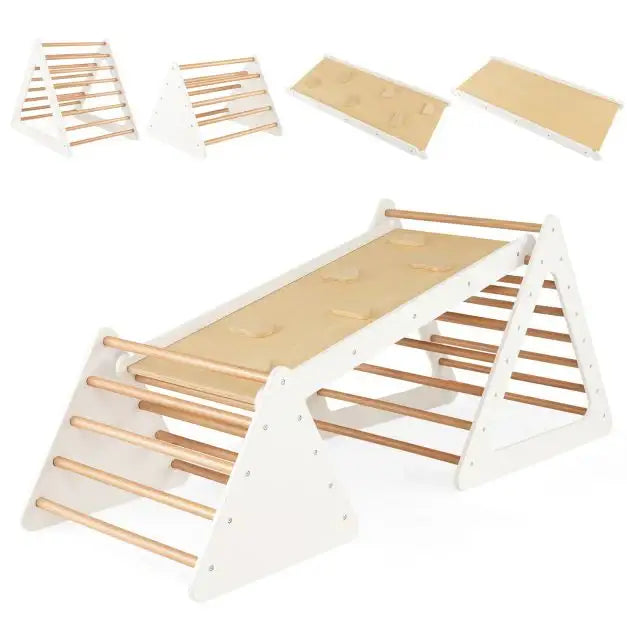 3-in-1 Wooden Climbing Set – White | Montessori Triangle Ladders with Reversible Ramp COSTWAY - Little and Giant Explorers Costway