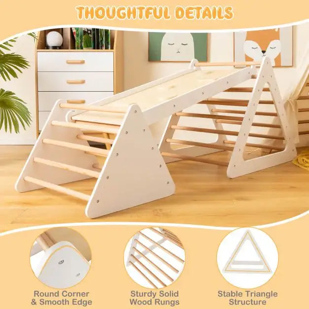 3-in-1 Wooden Climbing Set – White | Montessori Triangle Ladders with Reversible Ramp COSTWAY - Little and Giant Explorers Costway