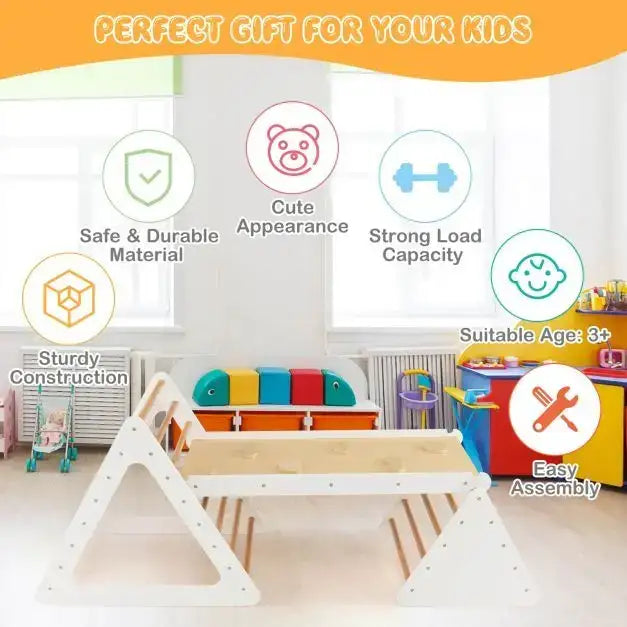 3-in-1 Wooden Climbing Set – White | Montessori Triangle Ladders with Reversible Ramp COSTWAY - Little and Giant Explorers Costway