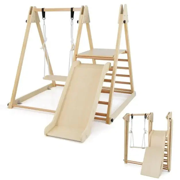 3-in-1 Wooden Indoor Jungle Gym for Kids | Foldable Frame with Slide, Swing and Climbing Ladder COSTWAY - Little and Giant Explorers Costway
