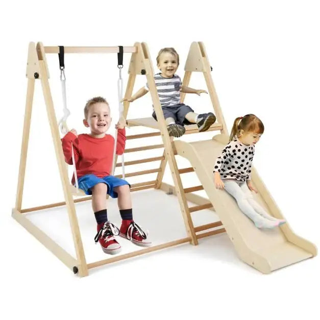 3-in-1 Wooden Indoor Jungle Gym for Kids | Foldable Frame with Slide, Swing and Climbing Ladder COSTWAY - Little and Giant Explorers Costway