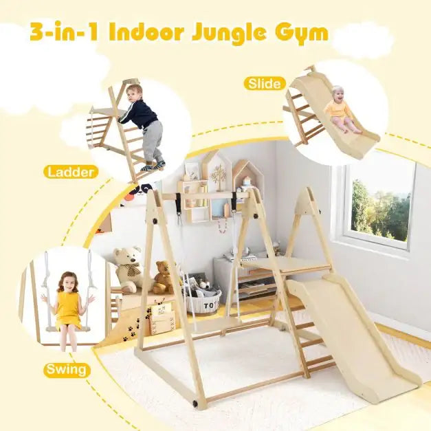 3-in-1 Wooden Indoor Jungle Gym for Kids | Foldable Frame with Slide, Swing and Climbing Ladder COSTWAY - Little and Giant Explorers Costway