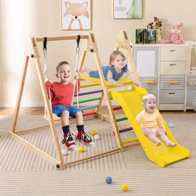 3-in-1 Wooden Indoor Jungle Gym - Multicolour | Montessori Climber - Slide, Swing and Ladder COSTWAY - Little and Giant Explorers Costway