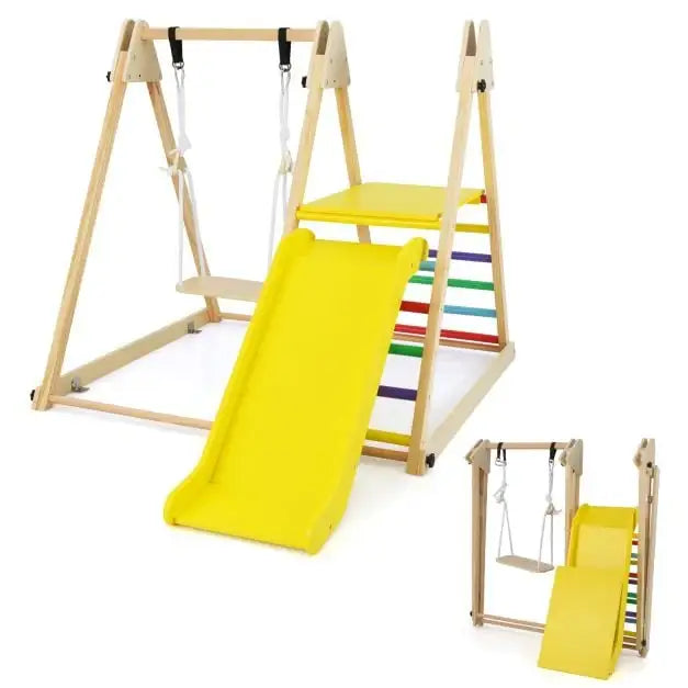 3-in-1 Wooden Indoor Jungle Gym - Multicolour | Montessori Climber - Slide, Swing and Ladder COSTWAY - Little and Giant Explorers Costway