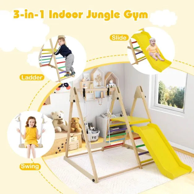 3-in-1 Wooden Indoor Jungle Gym - Multicolour | Montessori Climber - Slide, Swing and Ladder COSTWAY - Little and Giant Explorers Costway