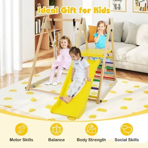 3-in-1 Wooden Indoor Jungle Gym - Multicolour | Montessori Climber - Slide, Swing and Ladder COSTWAY - Little and Giant Explorers Costway