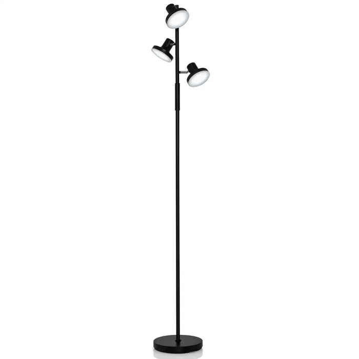 Black floor lamp with three adjustable lampshades on a white background