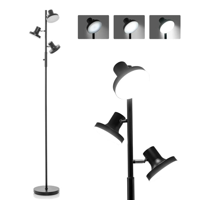 Black floor lamp with adjustable reading lights on a white background