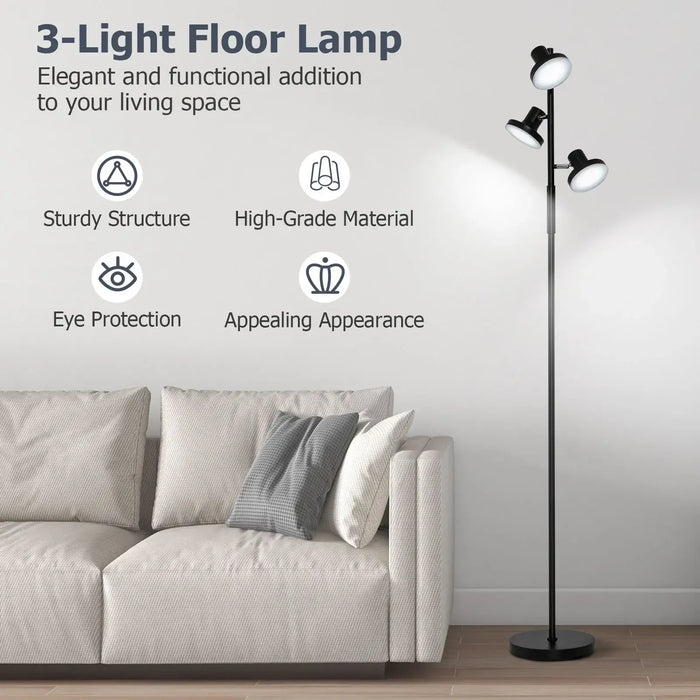 3-light floor lamp in a living room setting with text highlighting features.