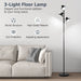 3-light floor lamp in a living room setting with text highlighting features.