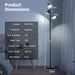Floor lamp with product dimensions displayed on a wall.