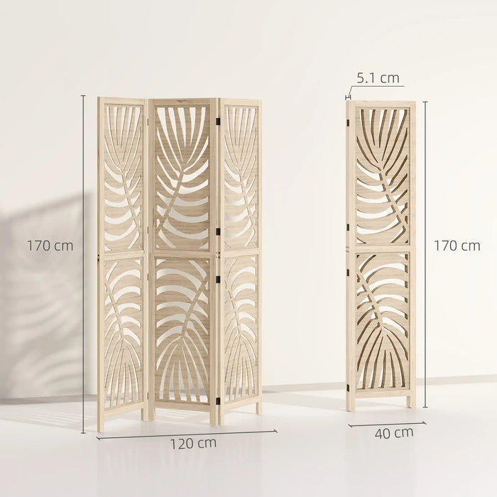 Beige room divider with leaf patterns and dimensions on a white background