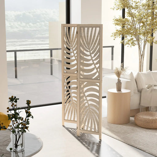Decorative screen with leaf pattern in a modern living room