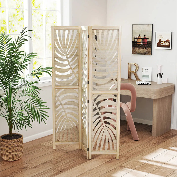 Wooden room divider with leaf pattern in a home office setting