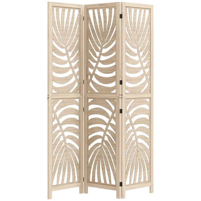 Beige four-panel room divider with leaf pattern on a white background