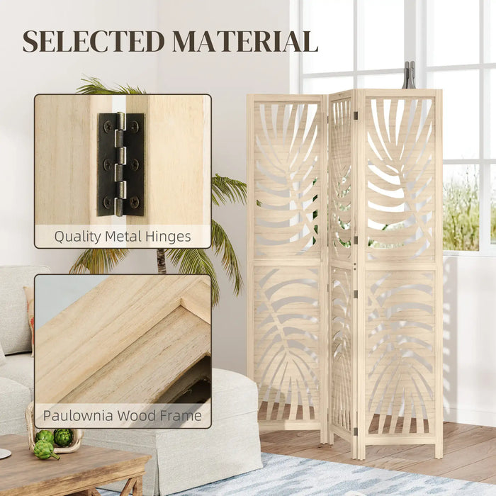 Wooden screen with leaf patterns and metal hinges, placed indoors.