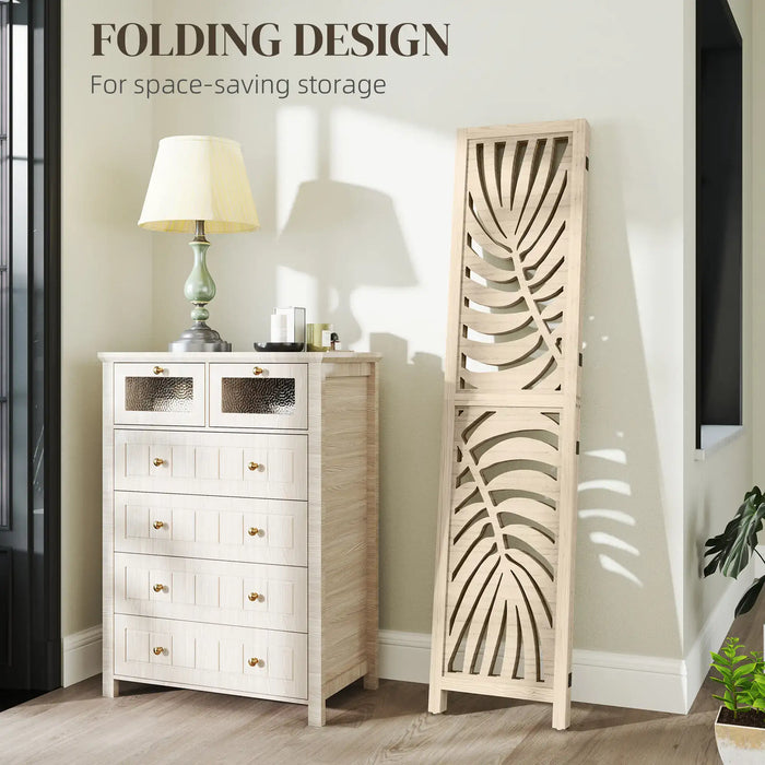 Folding design storage unit next to a white dresser with lamps in a room setting.
