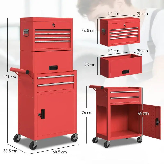 3-Part Steel Chest Tool Cabinet – Red | Drawers, Cupboards, Top Compartment and Pegboard HOMCOM - Little and Giant Explorers HOMCOM