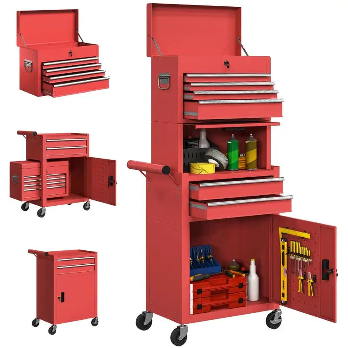 3-Part Steel Chest Tool Cabinet – Red | Drawers, Cupboards, Top Compartment and Pegboard HOMCOM - Little and Giant Explorers HOMCOM