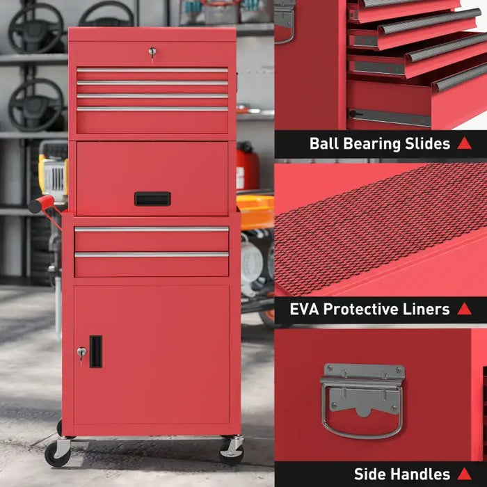 3-Part Steel Chest Tool Cabinet – Red | Drawers, Cupboards, Top Compartment and Pegboard HOMCOM - Little and Giant Explorers HOMCOM