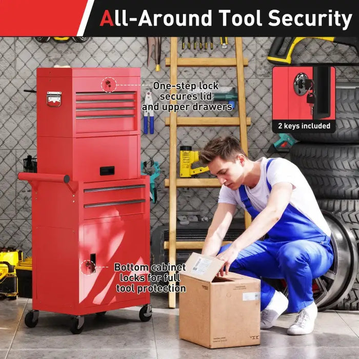 3-Part Steel Chest Tool Cabinet – Red | Drawers, Cupboards, Top Compartment and Pegboard HOMCOM - Little and Giant Explorers HOMCOM