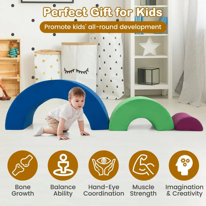 3-Piece Kids Foam Arch Climbing Toy Set – Blue | Indoor Play Sofa, Tunnel and Bridge COSTWAY - Little and Giant Explorers Costway