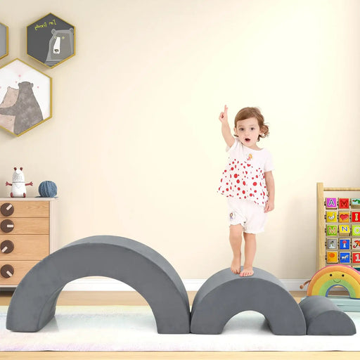 3-Piece Kids Foam Arch Climbing Toy Set – Grey | Indoor Play Sofa, Tunnel and Bridge COSTWAY - Little and Giant Explorers Costway