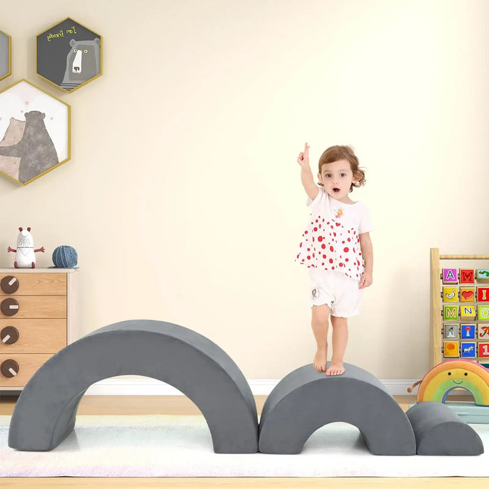 3-Piece Kids Foam Arch Climbing Toy Set – Grey | Indoor Play Sofa, Tunnel and Bridge COSTWAY - Little and Giant Explorers Costway