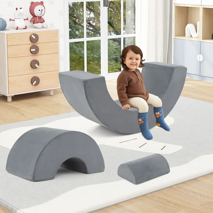 3-Piece Kids Foam Arch Climbing Toy Set – Grey | Indoor Play Sofa, Tunnel and Bridge COSTWAY - Little and Giant Explorers Costway