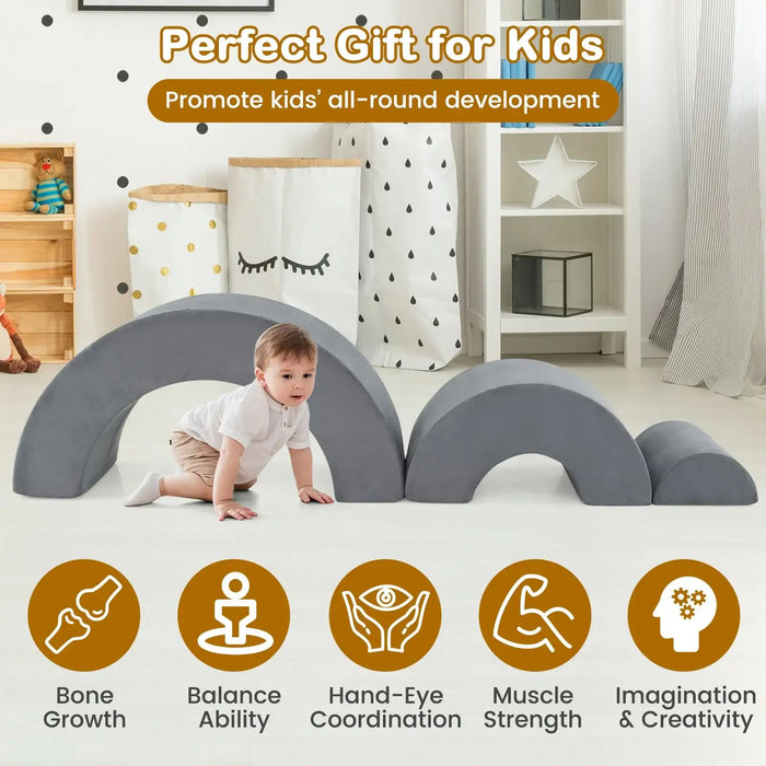 3-Piece Kids Foam Arch Climbing Toy Set – Grey | Indoor Play Sofa, Tunnel and Bridge COSTWAY - Little and Giant Explorers Costway