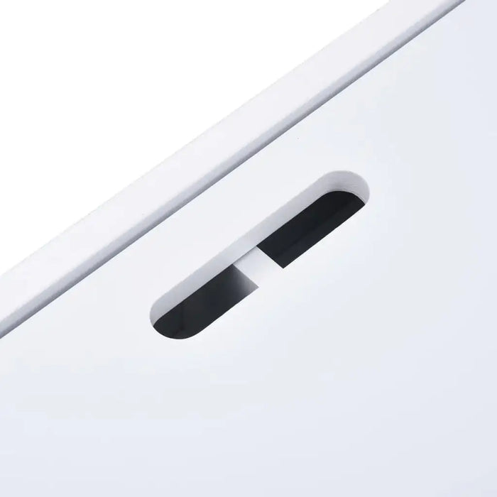 Close-up of white kids table with rectangular storage slot, modern design furniture