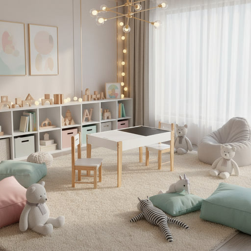 3-piece kids table and chair set with storage, white and chalkboard tabletop in playroom