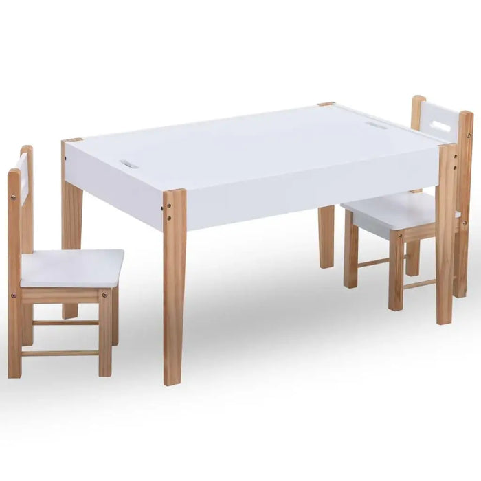 White and wood kids table with two chairs, 3-piece set, modern design, storage space under tabletop