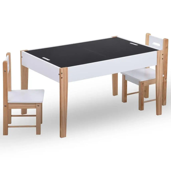 3-piece kids table and chair set with chalkboard tabletop and storage, wood and white finish