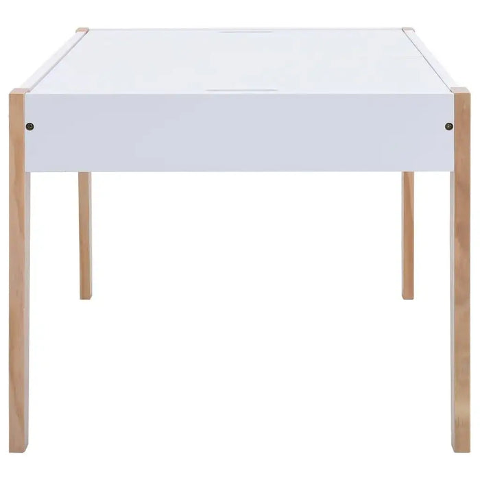 White kids table with wooden legs and storage, modern minimalist design