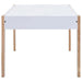 White kids table with wooden legs and storage, modern minimalist design