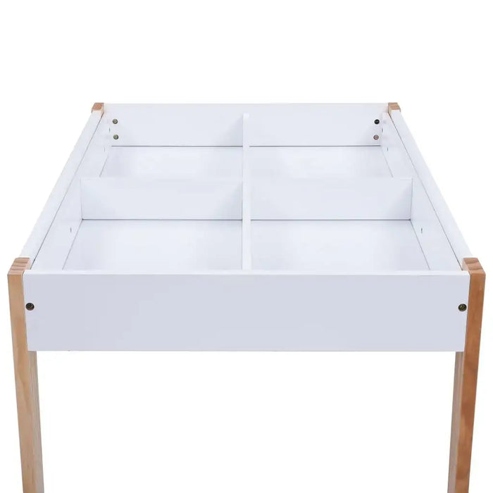White kids table with storage compartments and wooden legs, modern design
