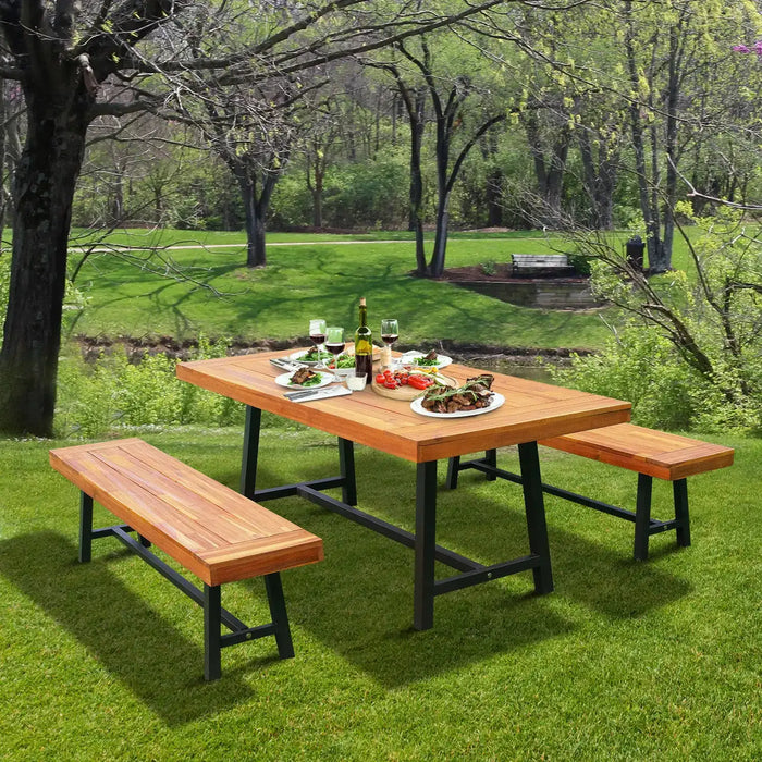 3-Piece Outdoor Table Set Natural Acacia Wood | Galvanised Steel Framework for Garden Entertainment - Little and Giant Explorers Outsunny
