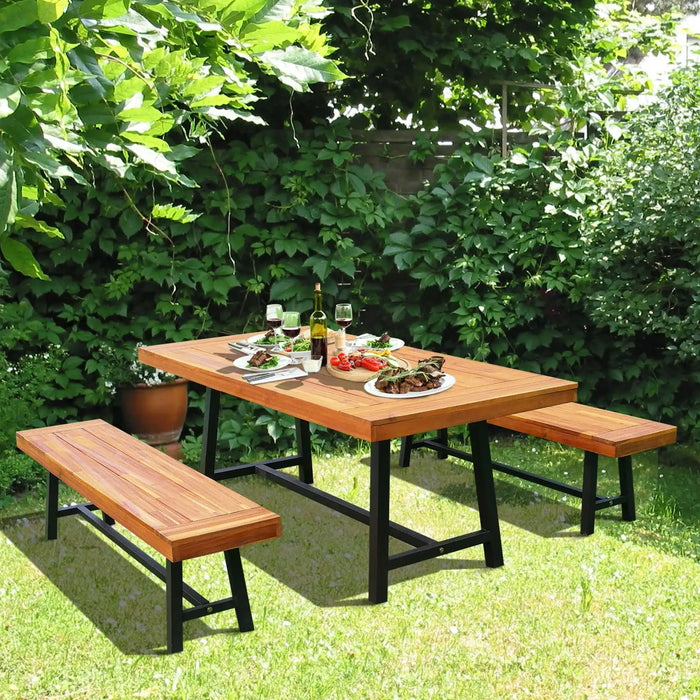 3-Piece Outdoor Table Set Natural Acacia Wood | Galvanised Steel Framework for Garden Entertainment - Little and Giant Explorers Outsunny