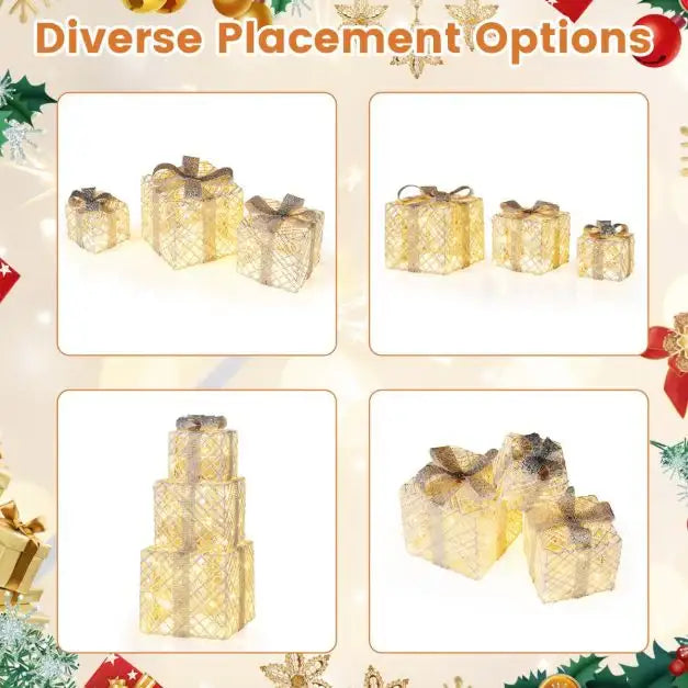 3-Piece Pre-Lit Christmas Gift Boxes – White | Decorative LED Present Set with Bows COSTWAY - Little and Giant Explorers Costway