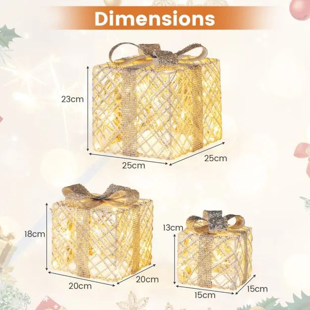 3-Piece Pre-Lit Christmas Gift Boxes – White | Decorative LED Present Set with Bows COSTWAY - Little and Giant Explorers Costway