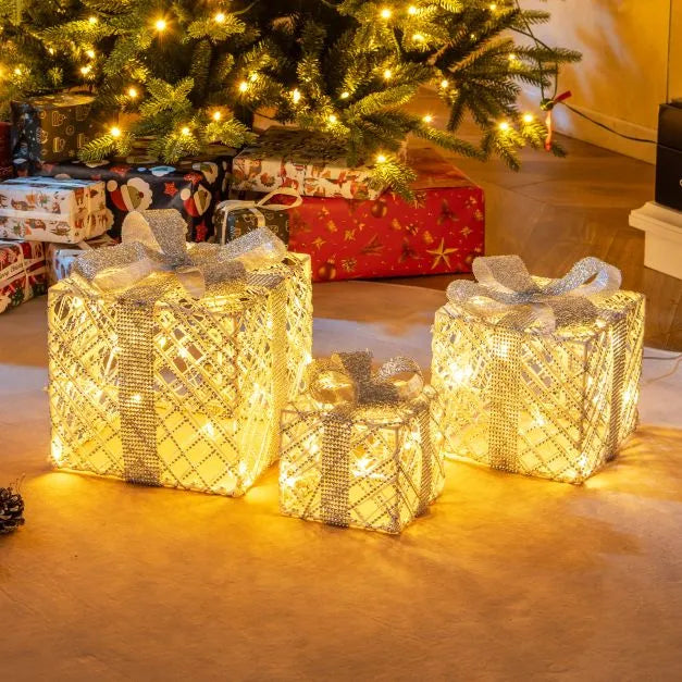 3-Piece Pre-Lit Christmas Gift Boxes – White | Decorative LED Present Set with Bows COSTWAY - Little and Giant Explorers Costway