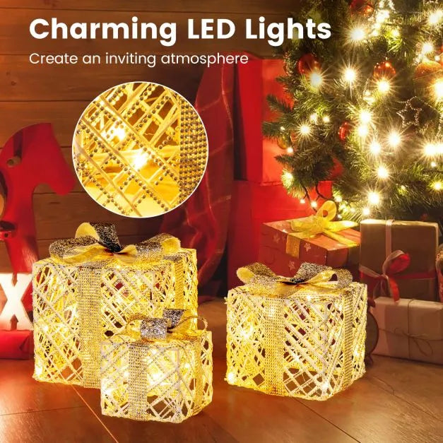 3-Piece Pre-Lit Christmas Gift Boxes – White | Decorative LED Present Set with Bows COSTWAY - Little and Giant Explorers Costway