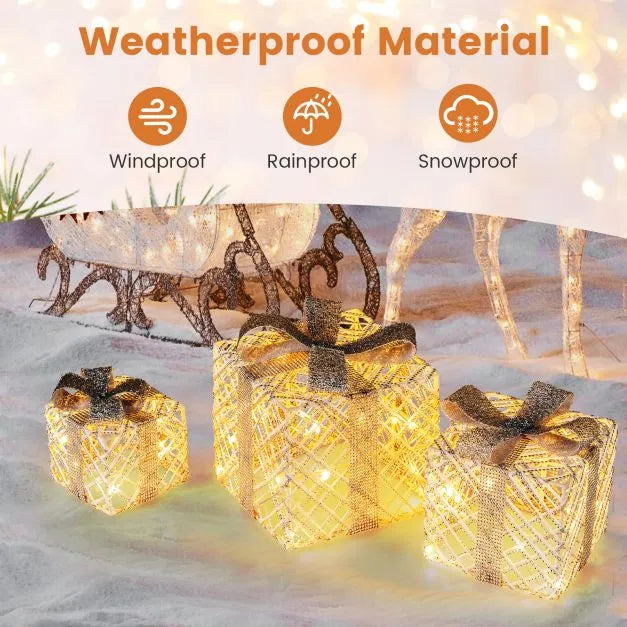 3-Piece Pre-Lit Christmas Gift Boxes – White | Decorative LED Present Set with Bows COSTWAY - Little and Giant Explorers Costway
